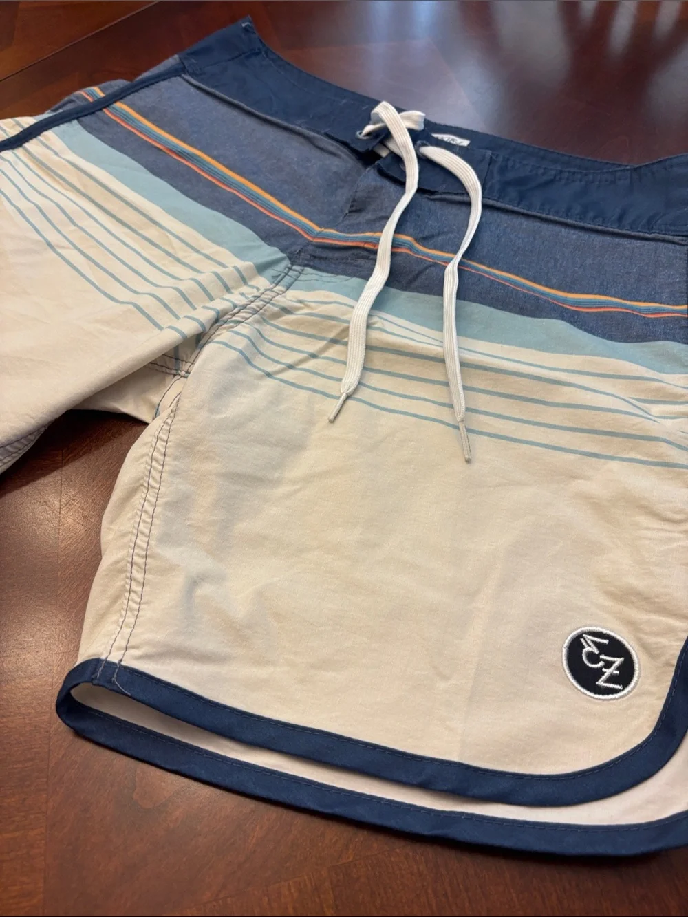 Men's Blue and Cream Striped Swim Trunks